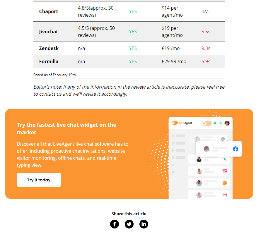 الدعوة للعمل في نهاية المحتوى في LiveAgent