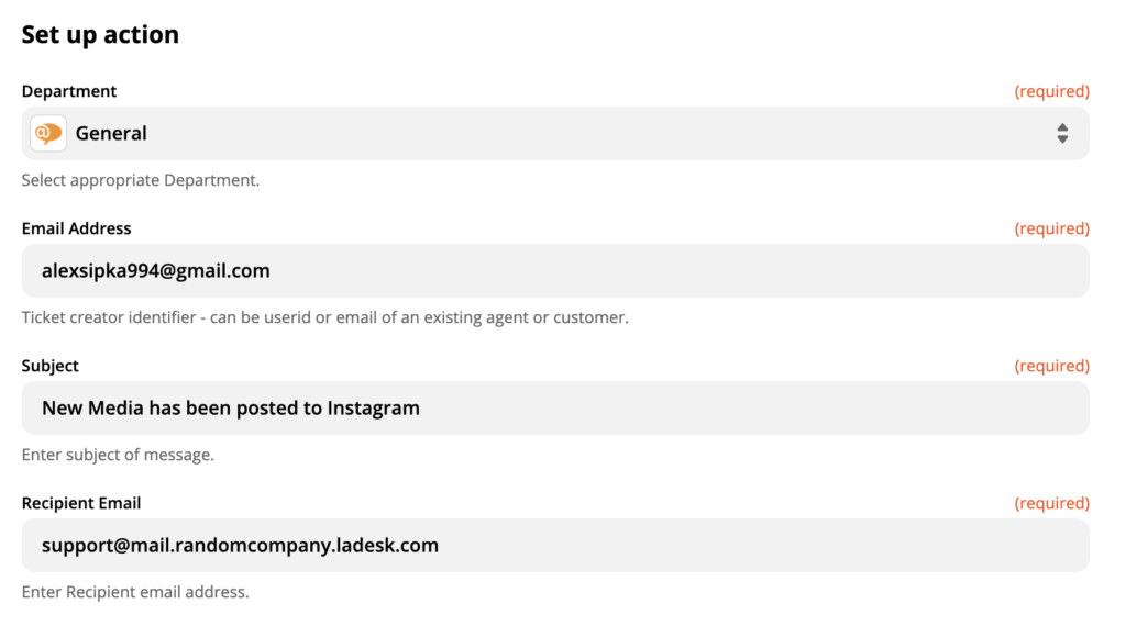 إعداد إجراء LiveAgent في إضافة إنستاغرام من خلال Zapier