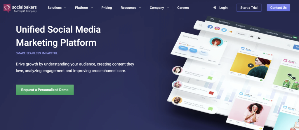 الصفحة الرئيسية لـ Socialbakers مع خيار تجريبي والصفحات الفرعية